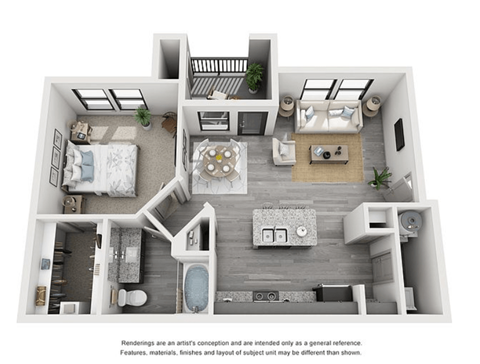 Floor plan for 1 bed, 1 bath, 740 sqft